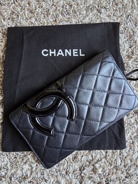 CHANEL Black Quilted Leather Cambon with Patent CC Emblem